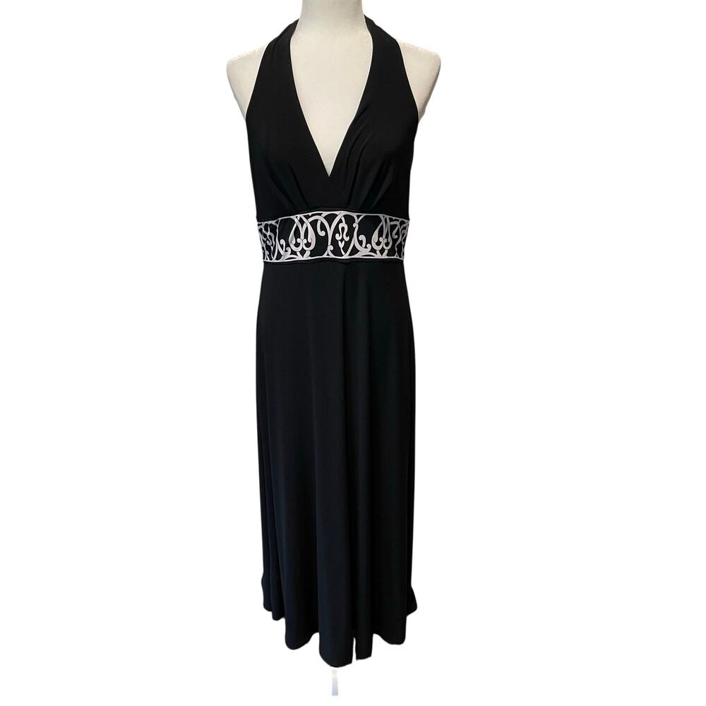 White House Black Market Womens Halter Maxi Dress Black Scroll Pattern L